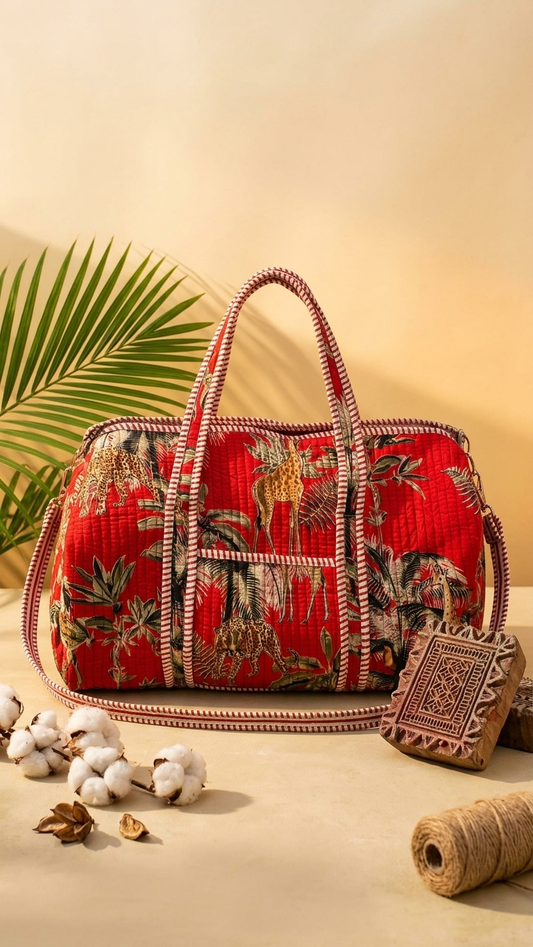 Red Safari Jungle Print Quilted Duffle Bag