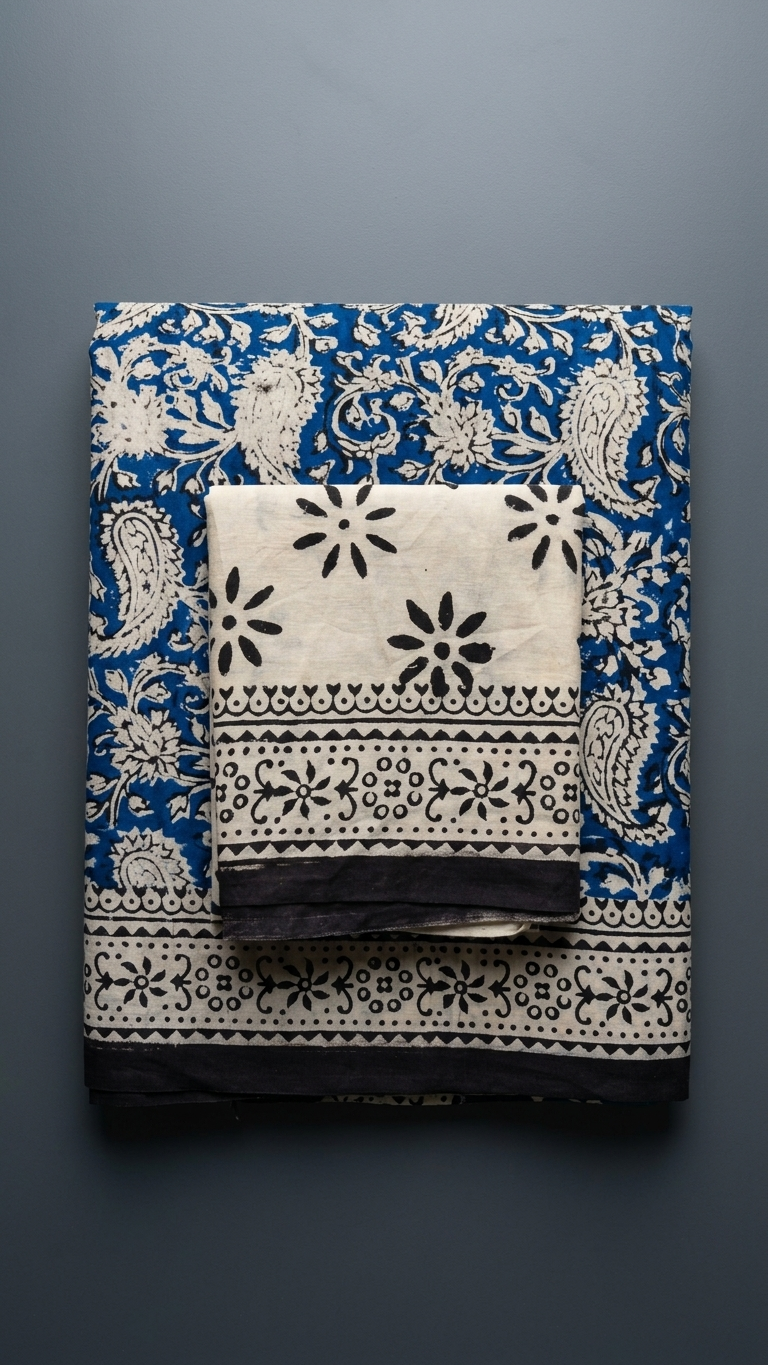 Blue Paisley Handblock Printed Cotton Saree with Ivory Border