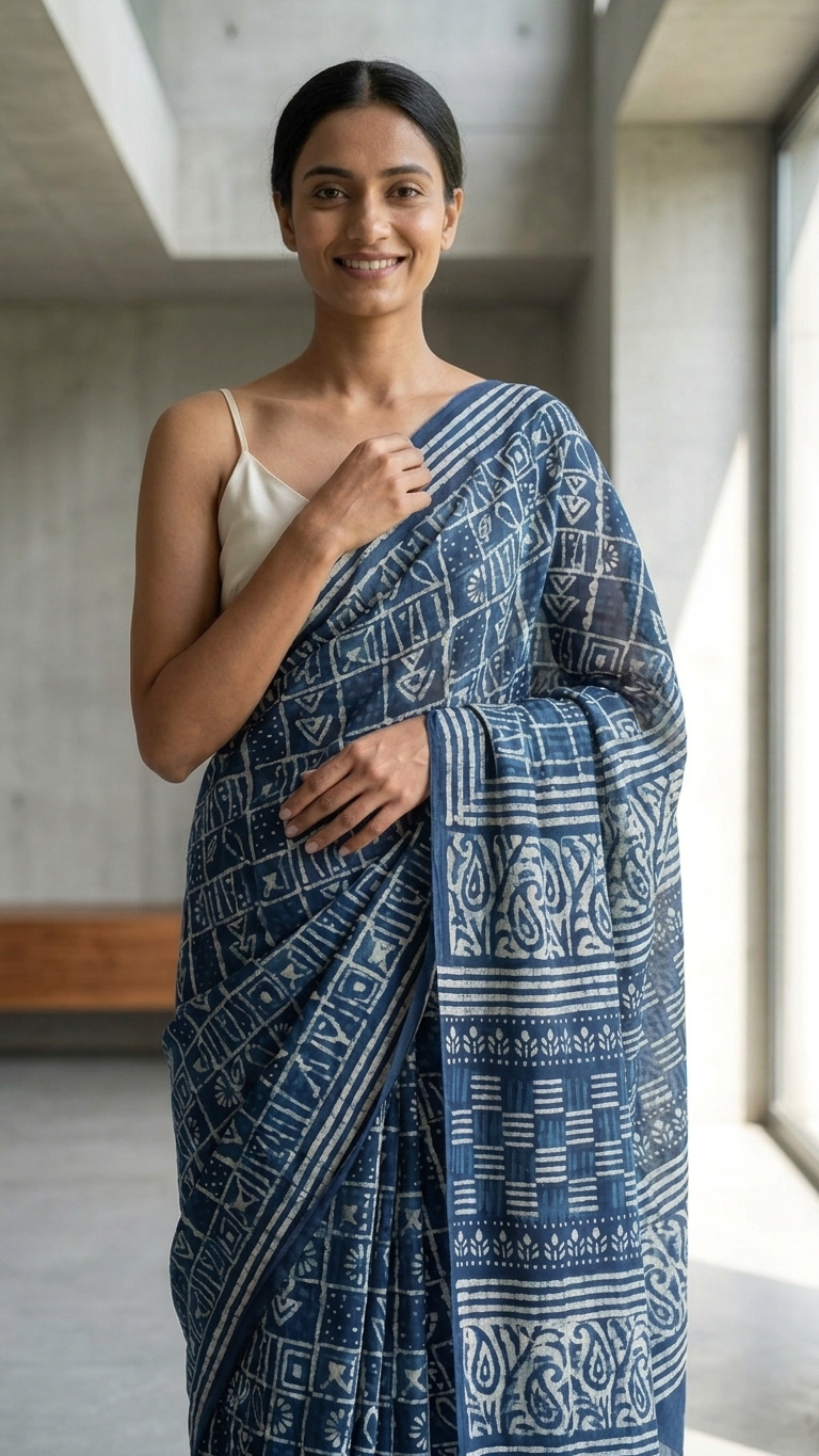 Midnight Indigo Handblock Print Mul Cotton Saree