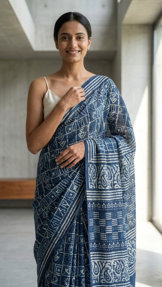 Midnight Indigo Handblock Print Mul Cotton Saree