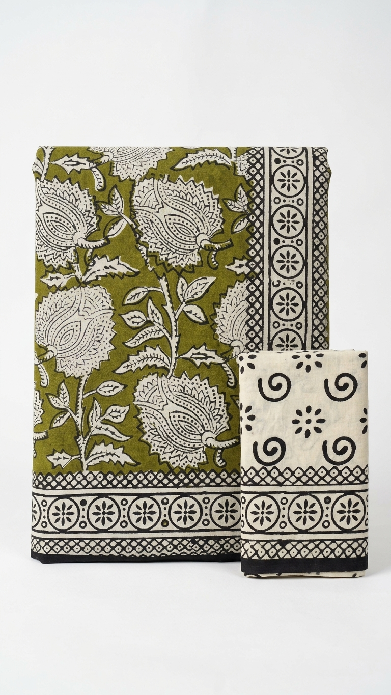 Olive Green Handblock Printed Cotton Saree with Contrast Border