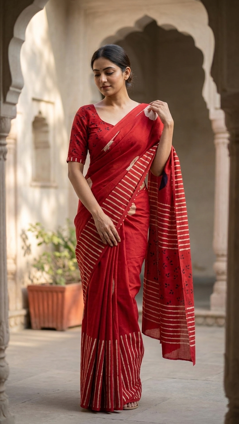 Red Abstract Printed Cotton Saree with Stripe Pallu
