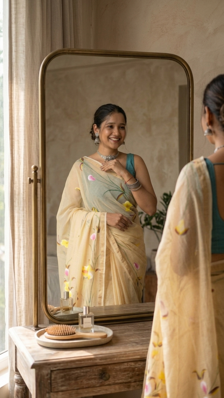 Butter Yellow Kota Saree with Hand-Painted Floral Motifs
