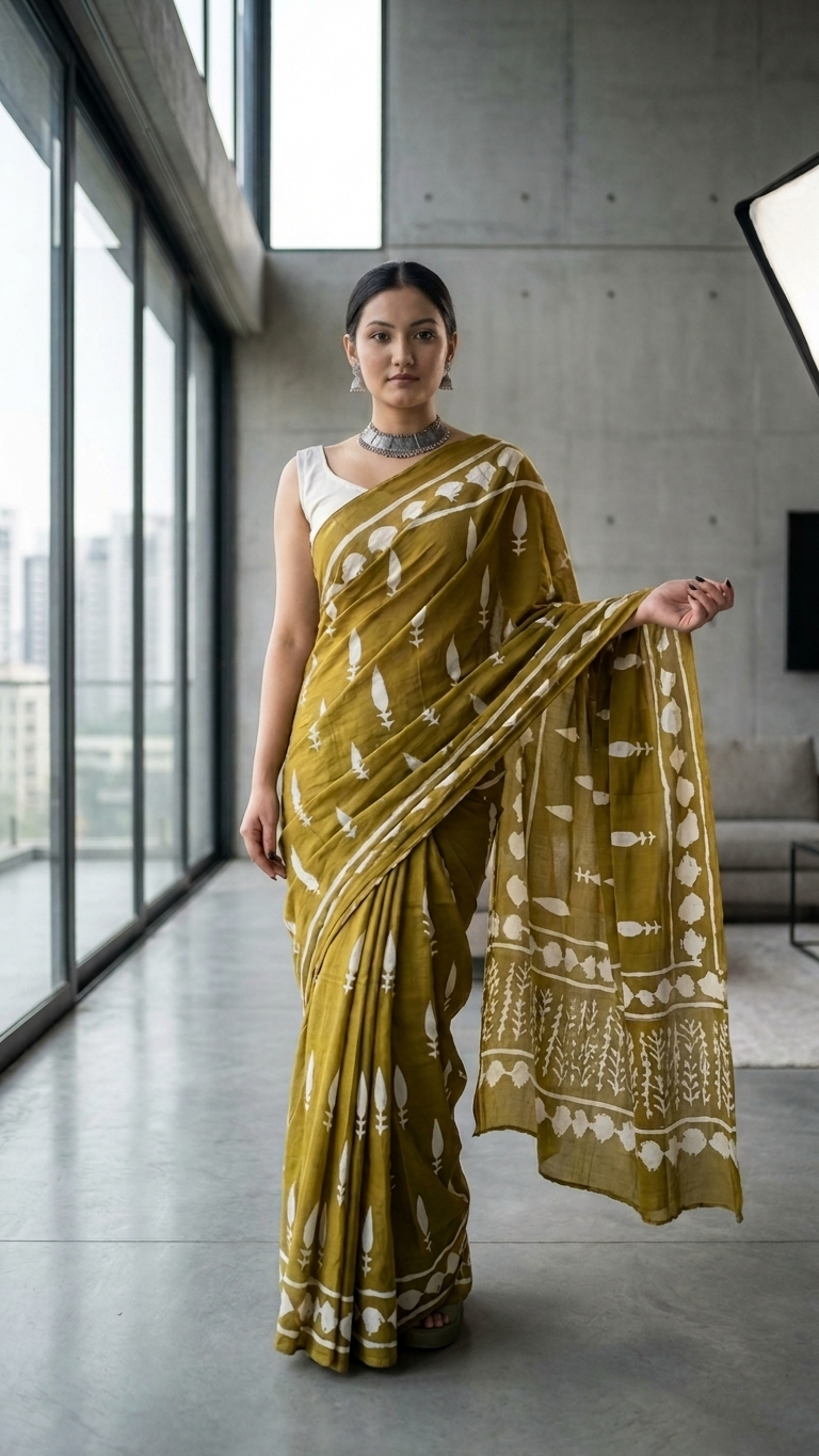 Bagru Hand Block Print Cotton Saree in Olive Green