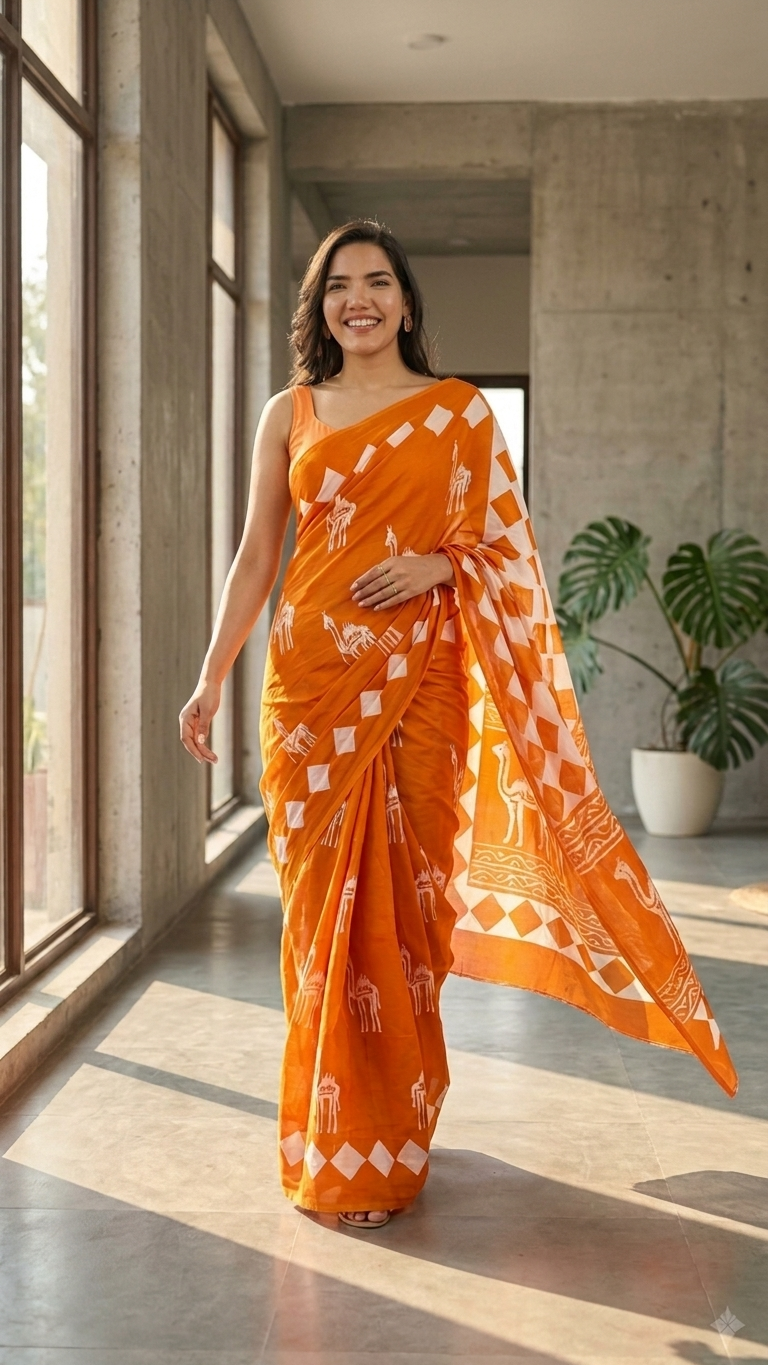 Hand Block Print Cotton Saree in Tangerine Orange – Camel & Folk Motifs with Diamond Checker Pallu