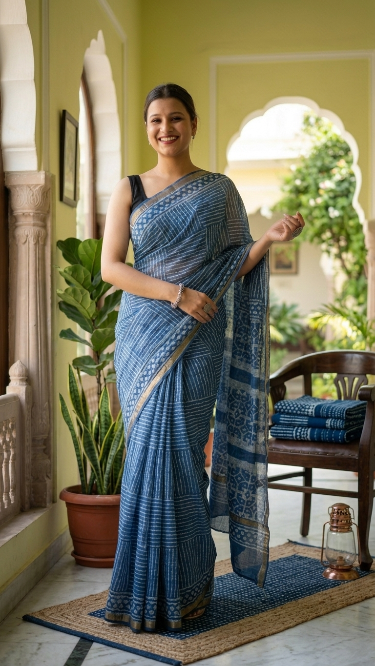 Indigo Hand Block Print Kota Doria Saree – Patchwork Geometric & Stripe Pattern