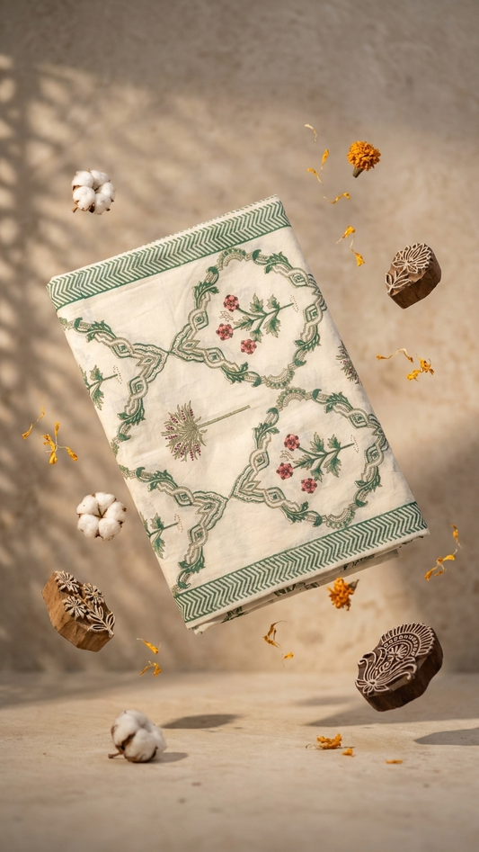Ivory Emerald & Rose Floral Medallion Print Cotton Bedsheet Set