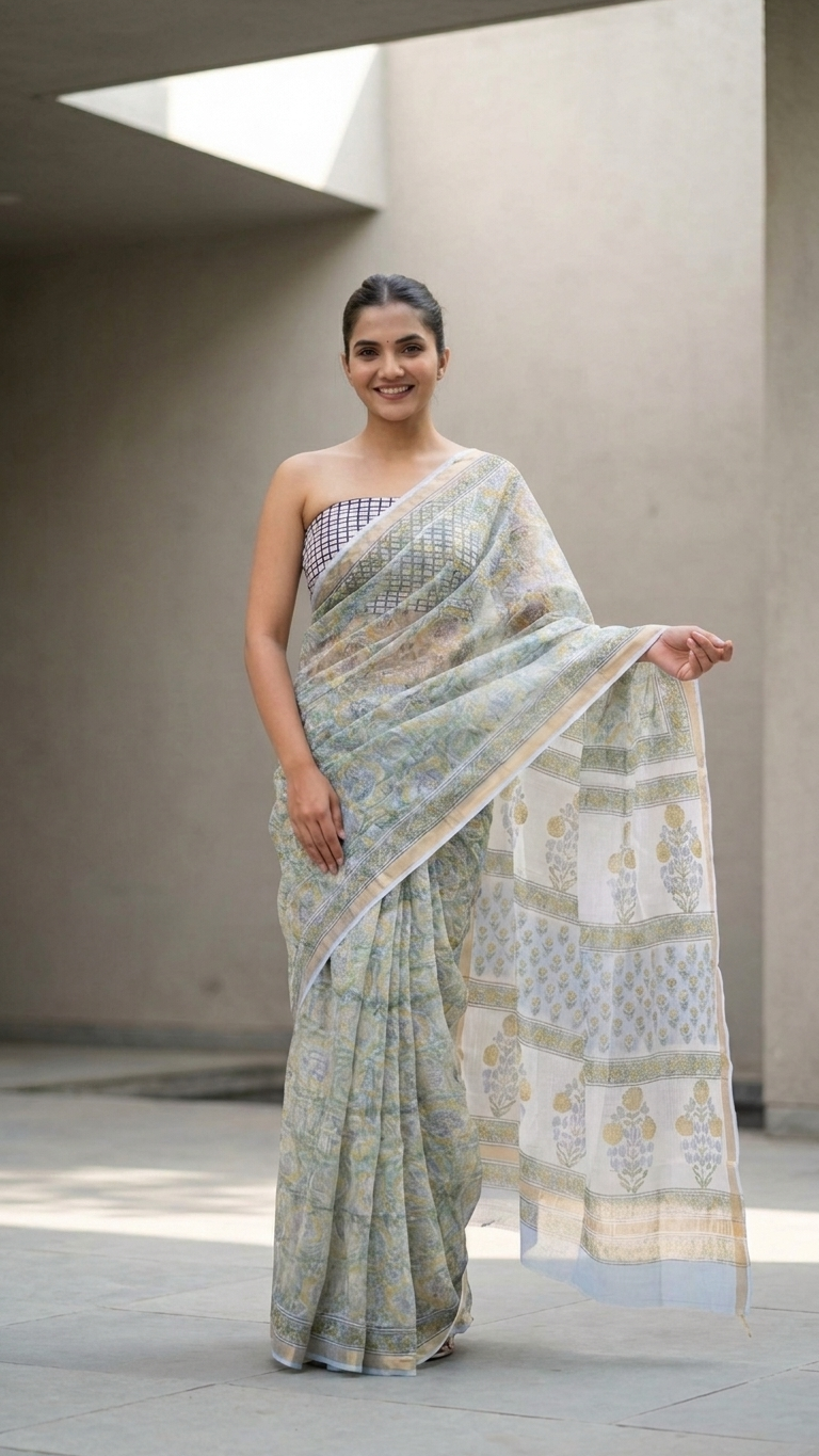 Ivory Kora Cotton Saree | Hand Block Printed Floral Boota