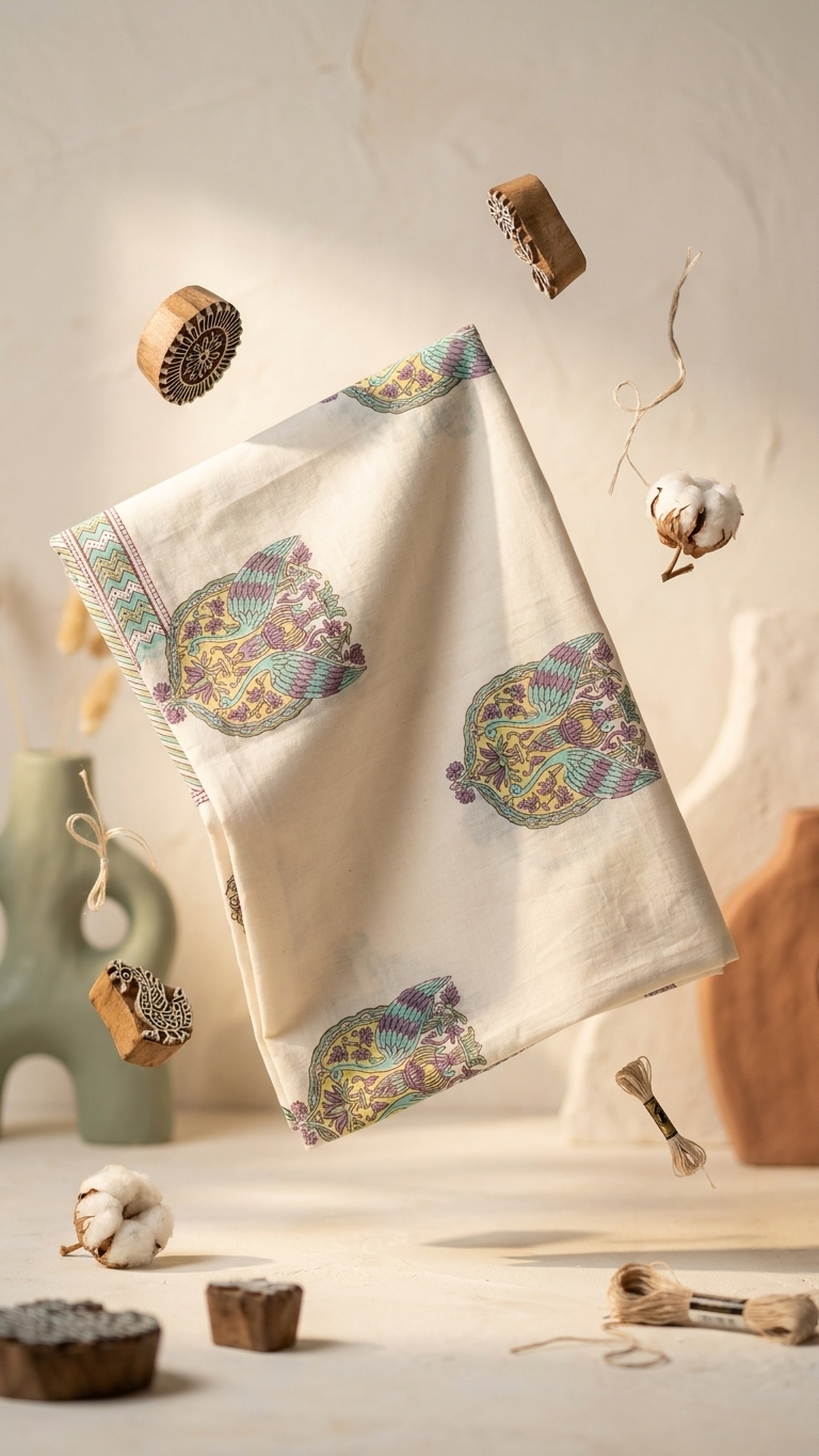 Ivory Aqua & Mauve Peacock Motif Cotton Bedsheet Set