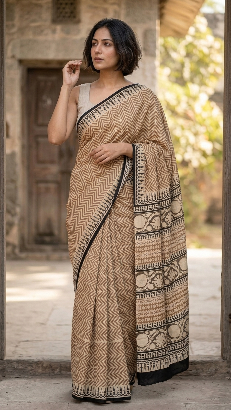 Beige & Black Kota Saree | Chevron Zigzag Block Print with Tribal Pallu & Black Border