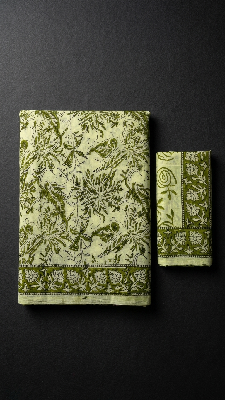Light Green Floral Handblock Printed Cotton Saree with Contrast Border