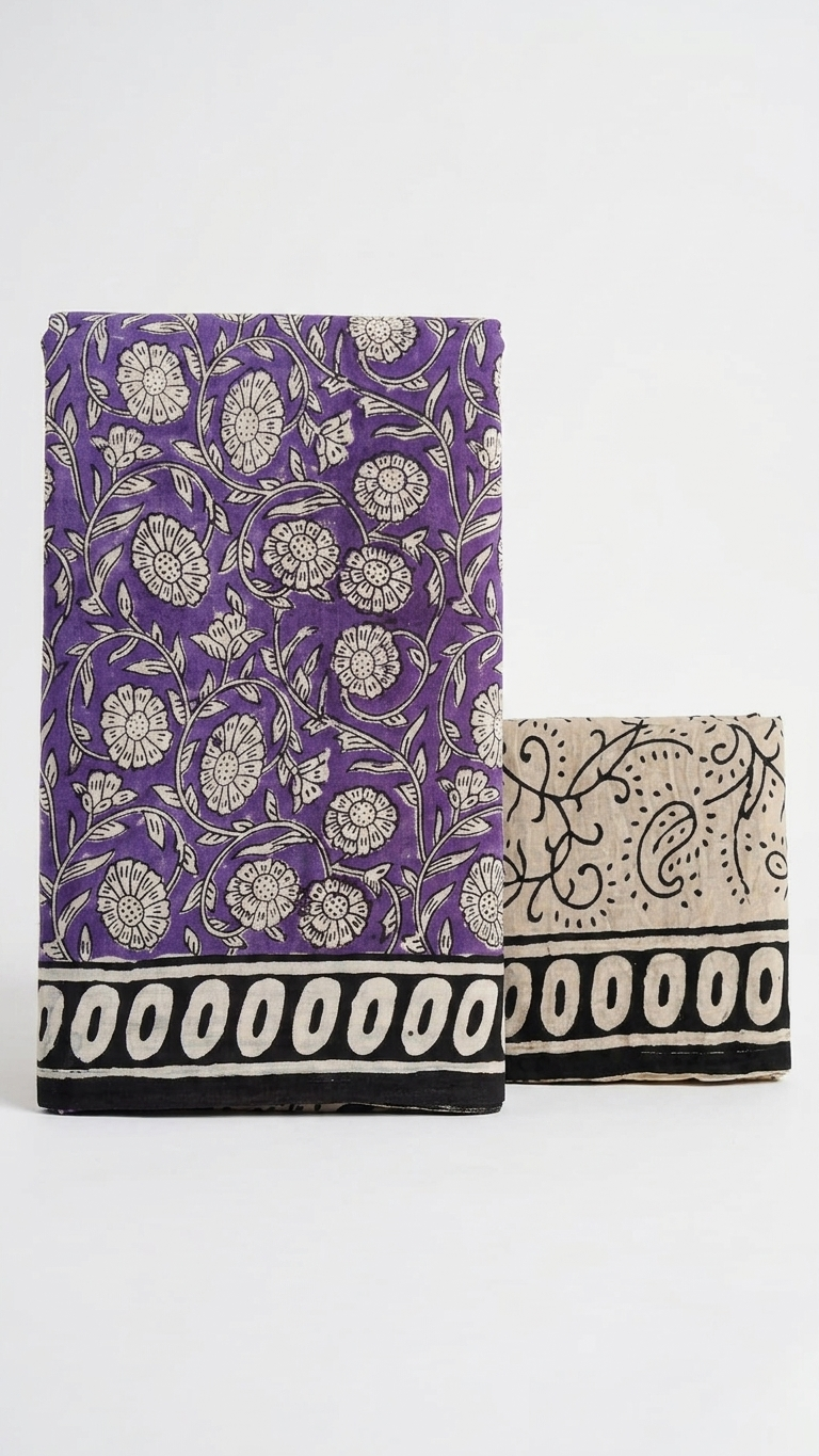 Purple Handblock Printed Cotton Saree with Black Contrast Border