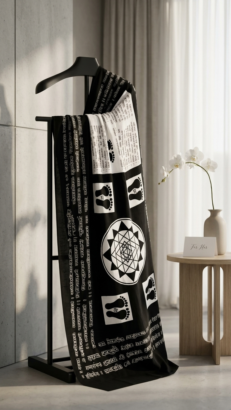 Sacred Script Hand Block Printed Black & Ivory Cotton Saree | Shri Yantra & Charan Paduka Motif