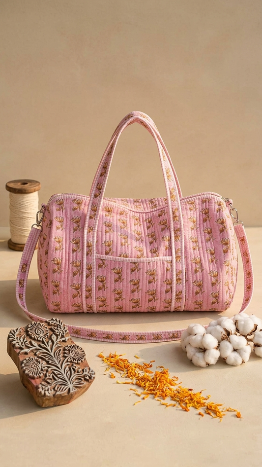 Pink Floral Block Print Quilted Duffle Bag