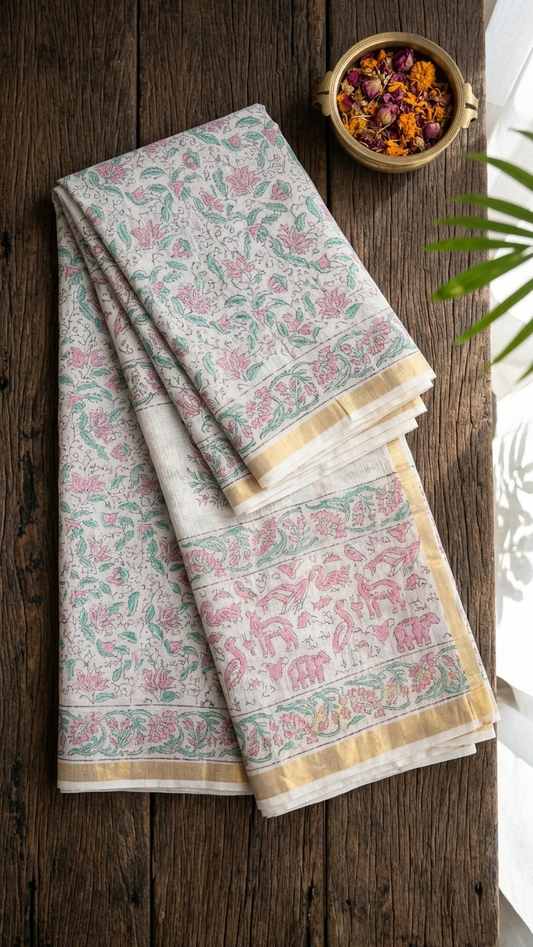 White Kota Saree with Multicolour Floral Block Print & Gold Zari Border