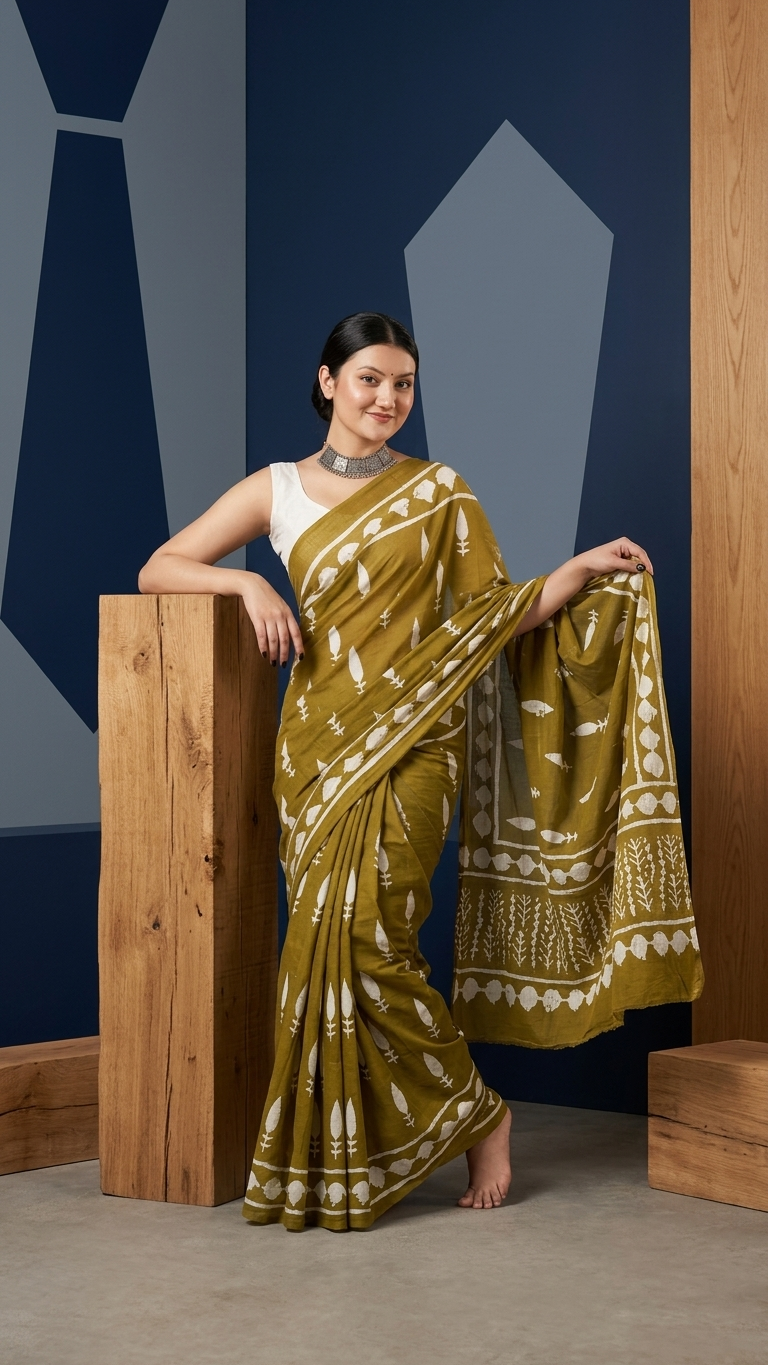 Bagru Hand Block Print Cotton Saree in Olive Green