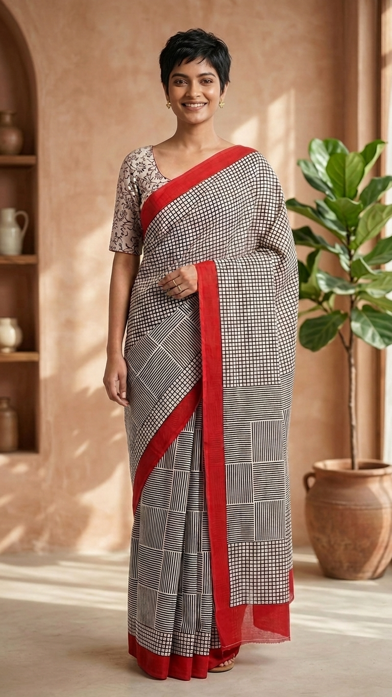 Black & White Geometric Cotton Saree with Red Border