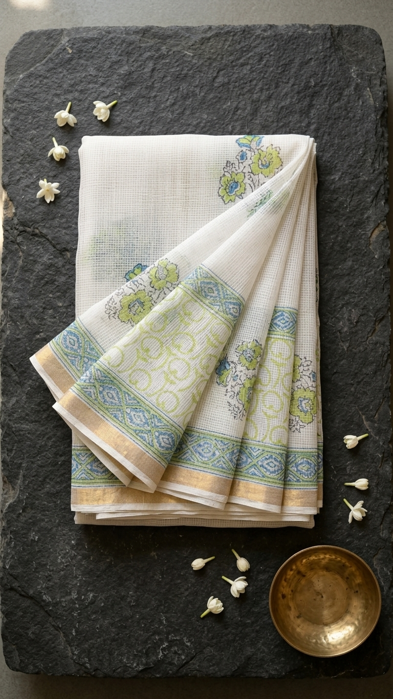Off-White Hand Block Printed Kota Saree