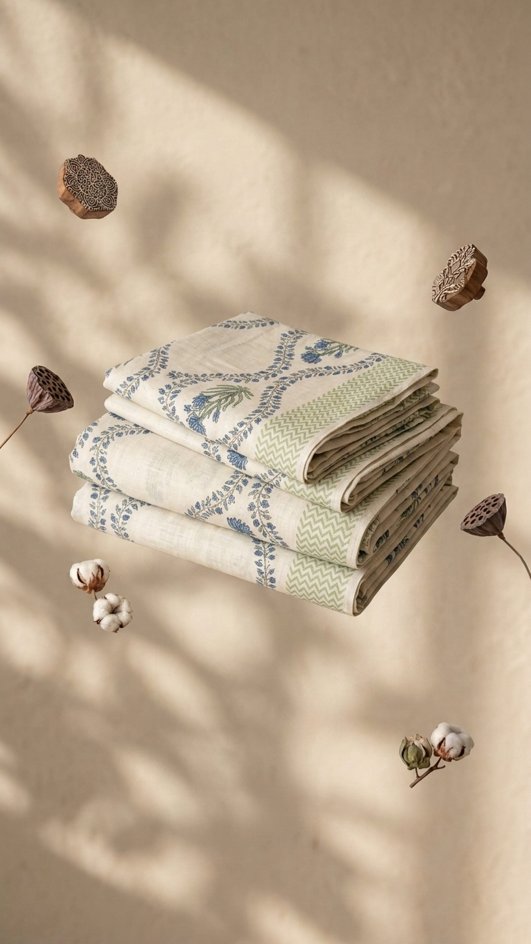 Ivory Blue & Sage Floral Vine Print Cotton Bedsheet Set