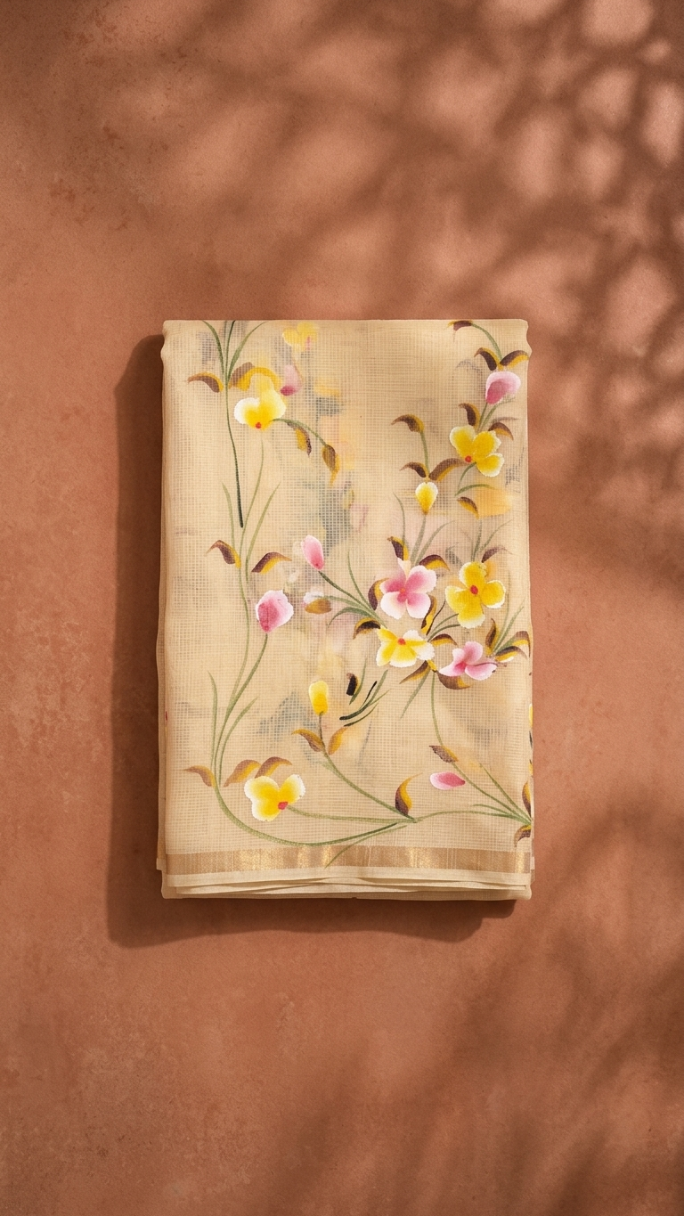 Butter Yellow Kota Saree with Hand-Painted Floral Motifs