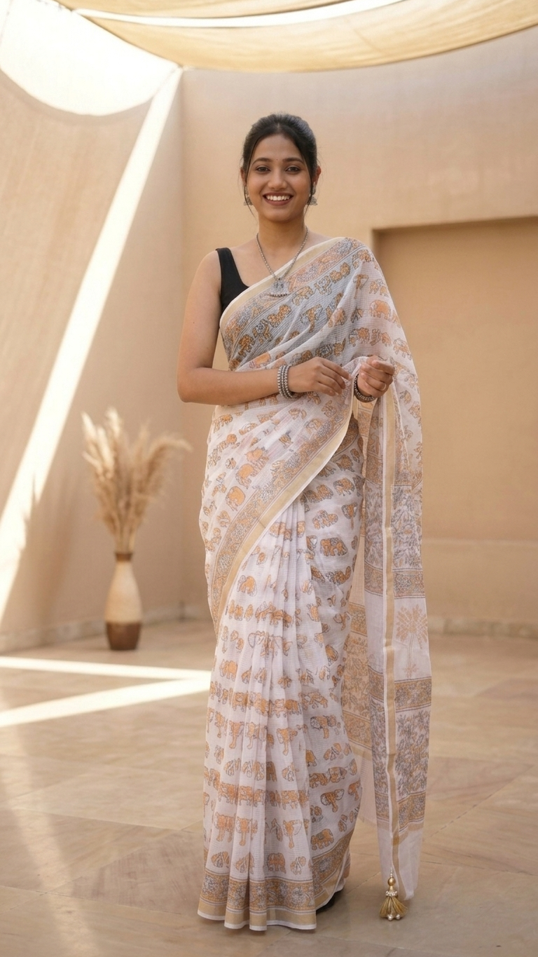 Hand Block Print Kota Doria Saree in White – Elephant Procession & Wildlife Motifs in Saffron & Grey
