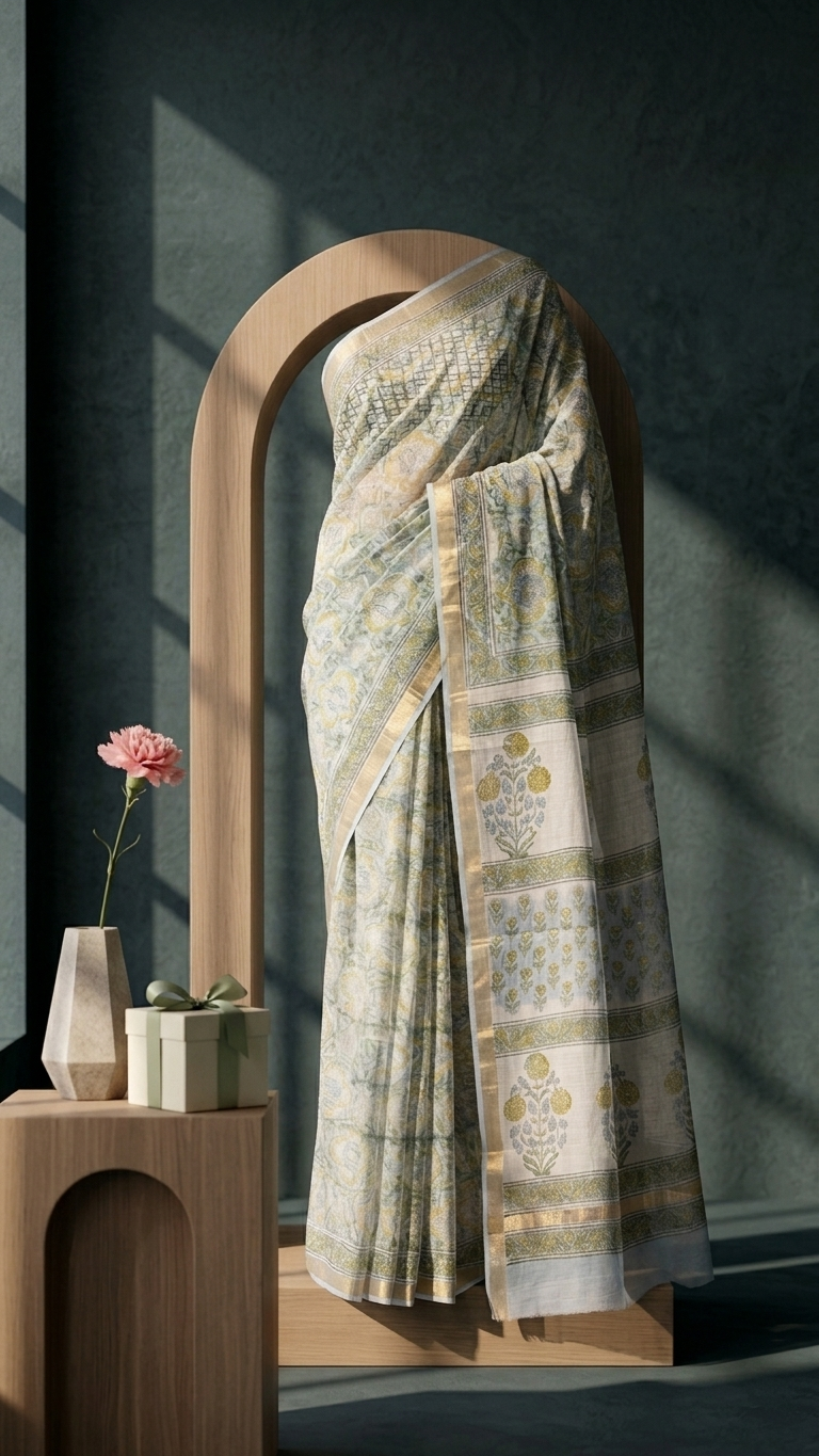 Ivory Kora Cotton Saree | Hand Block Printed Floral Boota