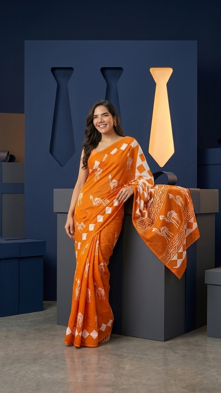 Hand Block Print Cotton Saree in Tangerine Orange – Camel & Folk Motifs with Diamond Checker Pallu