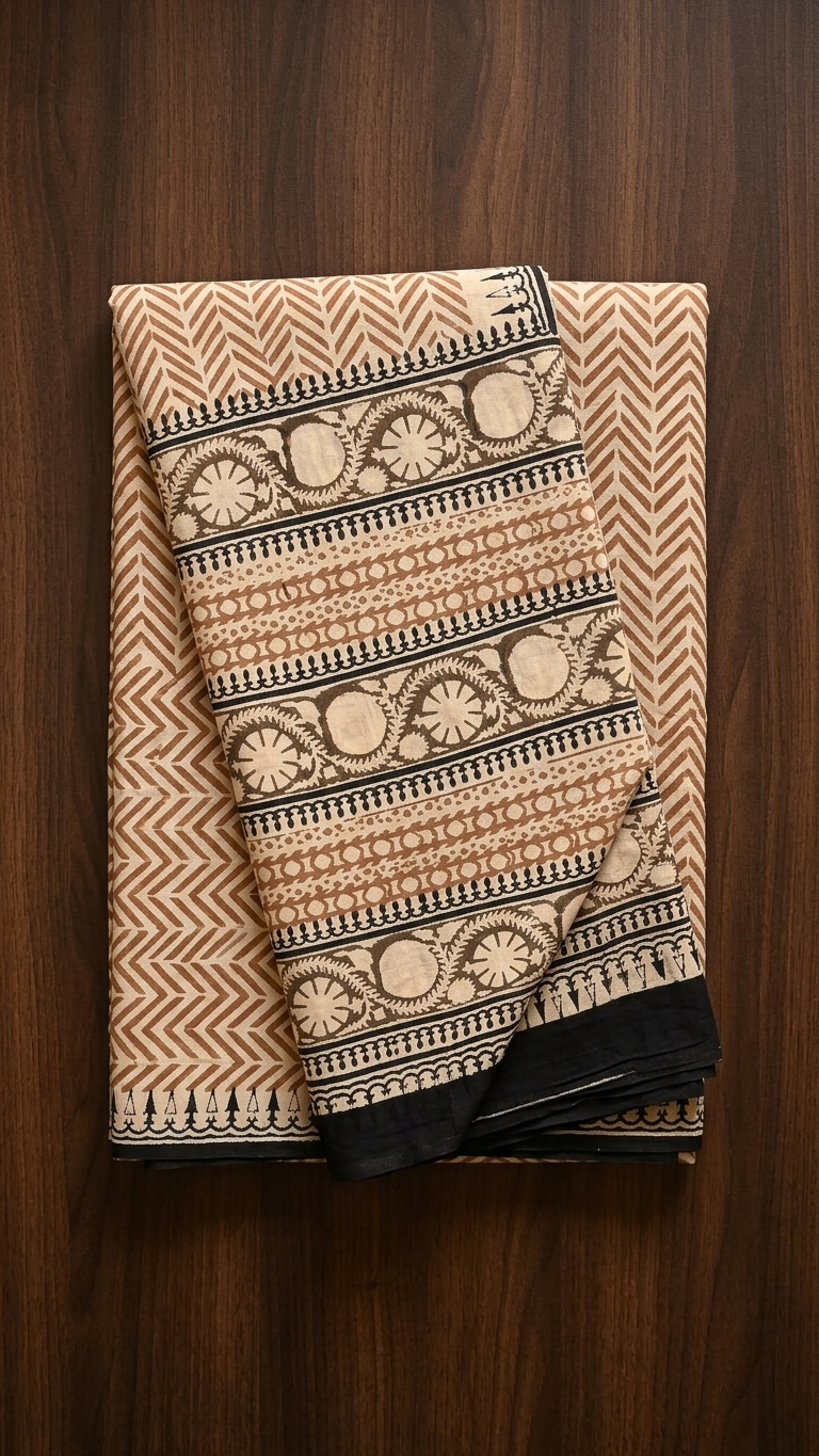Beige & Black Kota Saree | Chevron Zigzag Block Print with Tribal Pallu & Black Border