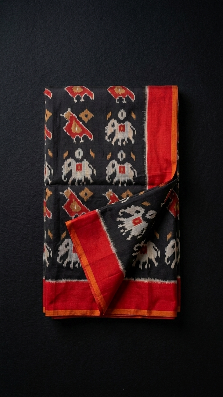 Black Ikat Saree with Red Border for Women
