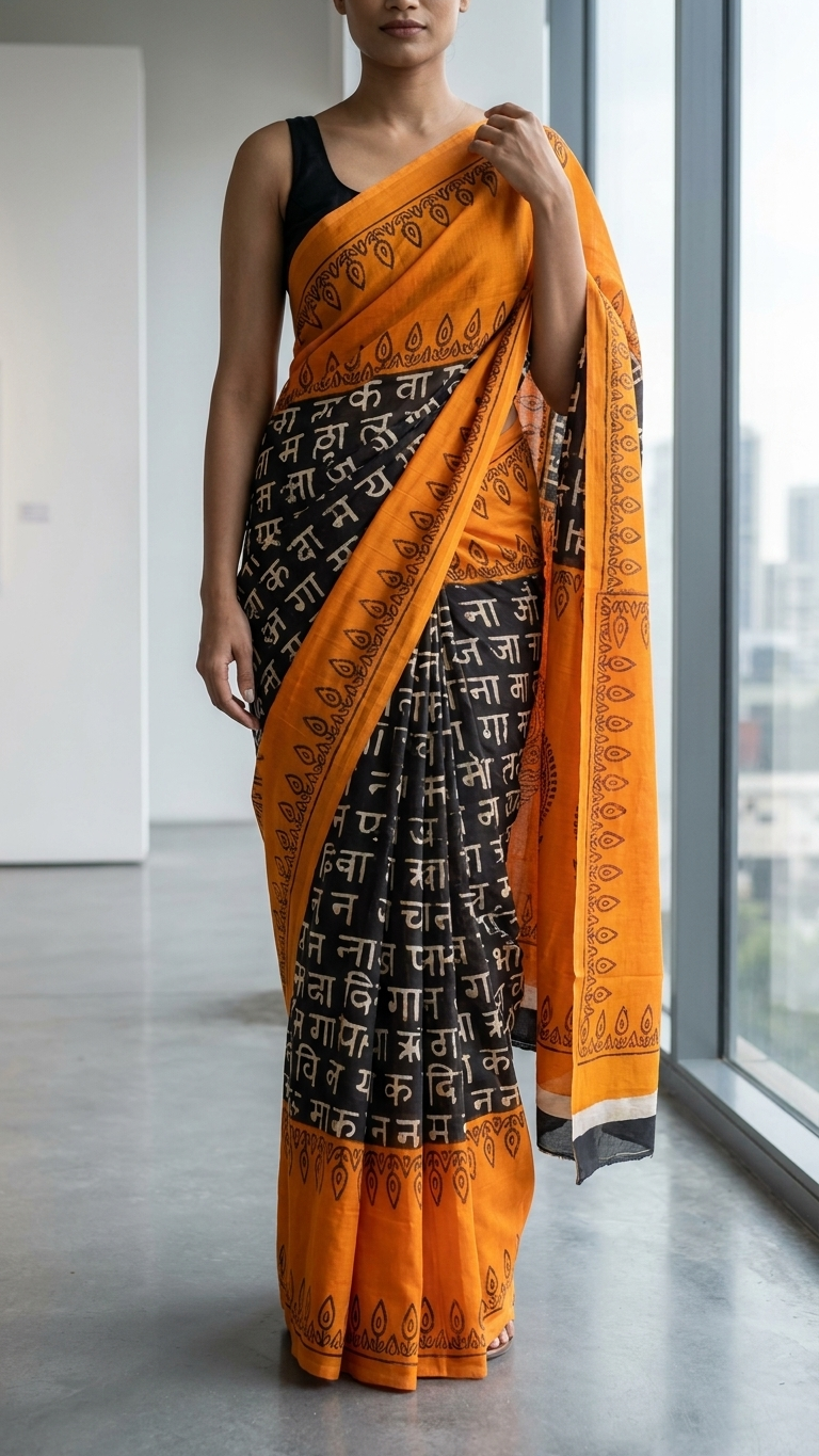 Black & Orange Printed Cotton Saree for Women | Sanskrit Script Designer Saree