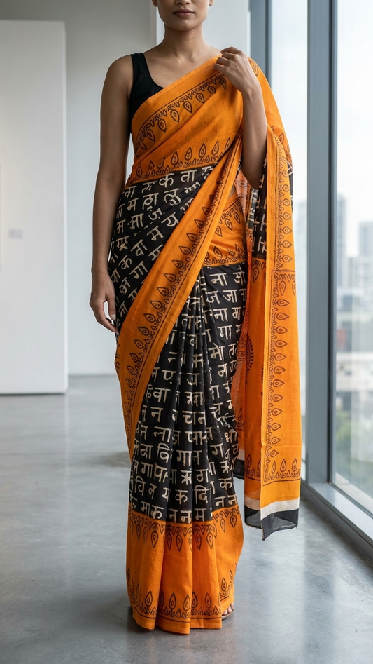 Black & Orange Printed Cotton Saree for Women | Sanskrit Script Designer Saree