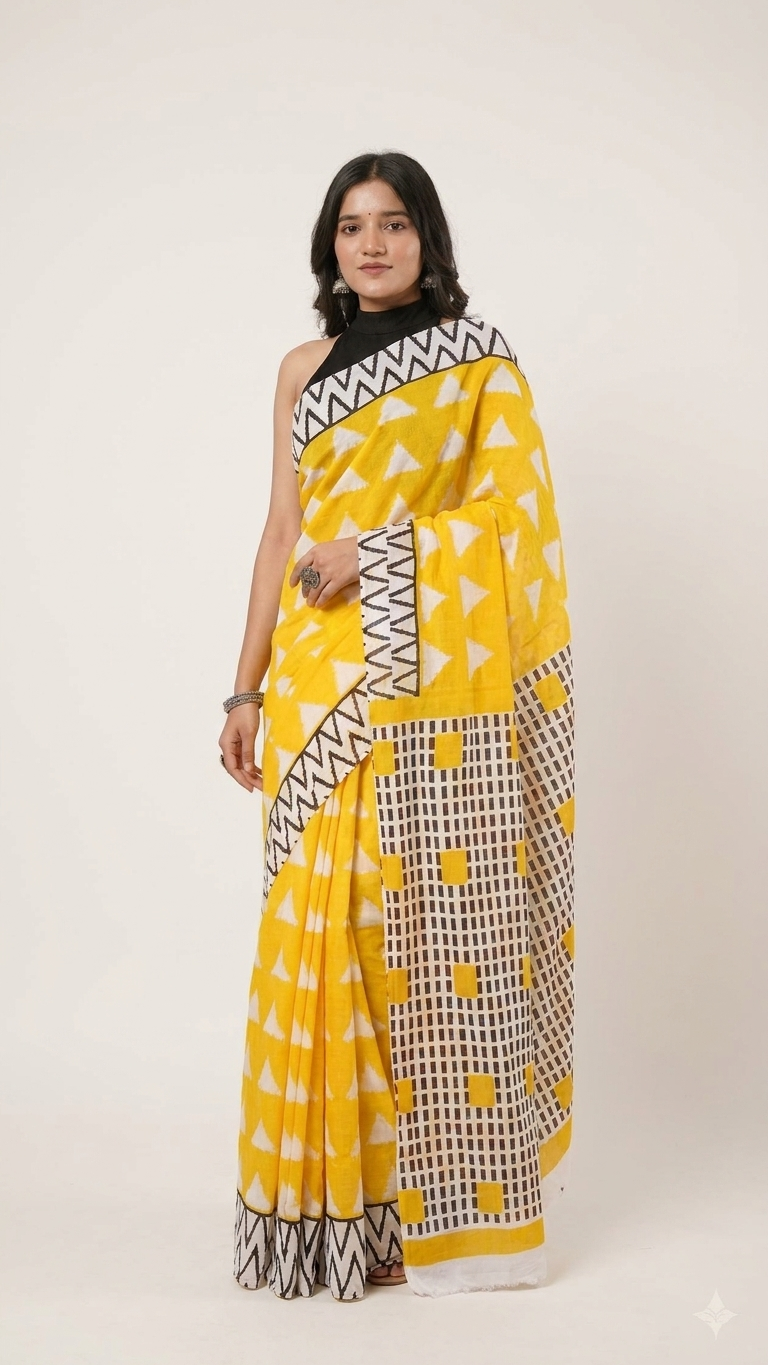 Yellow Geometric Print Saree