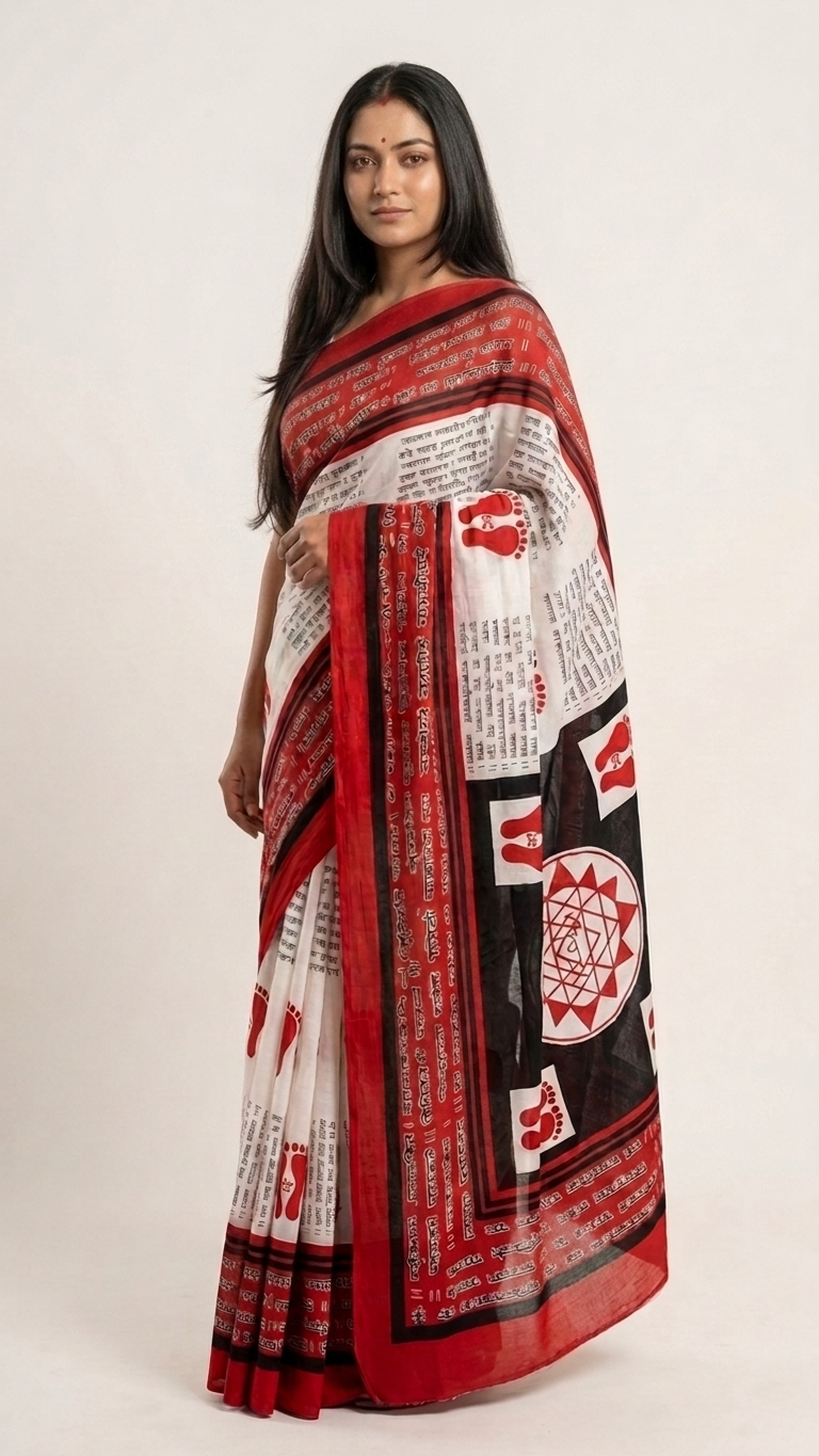 Red White Script Print Saree