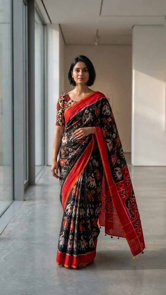 Black Ikat Saree with Red Border for Women