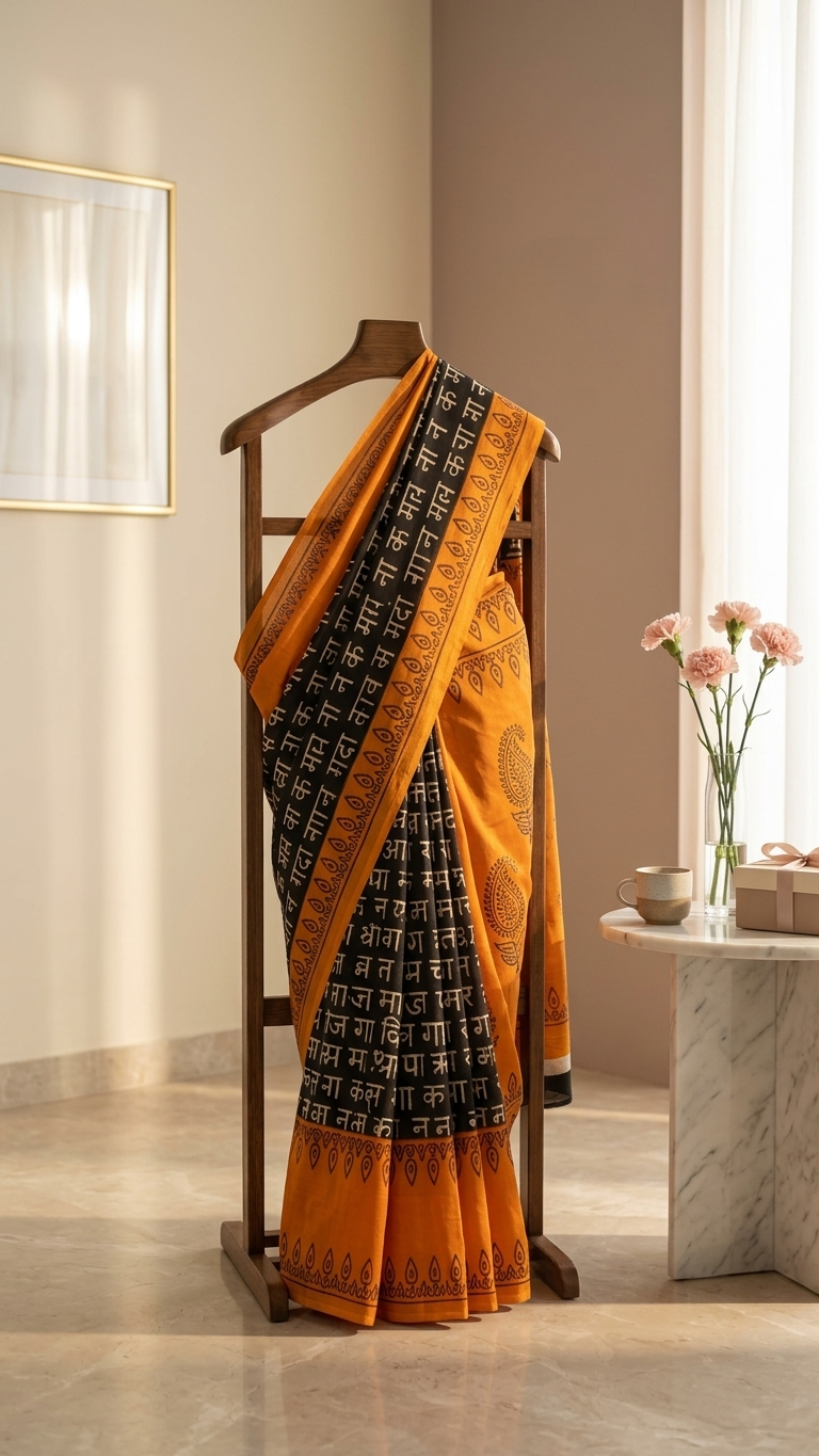 Black & Orange Printed Cotton Saree for Women | Sanskrit Script Designer Saree