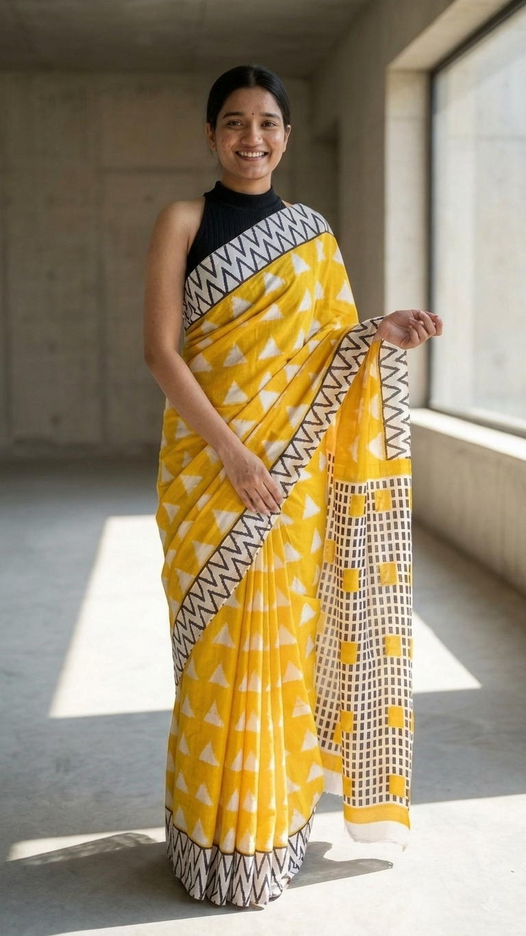 Yellow Geometric Print Saree
