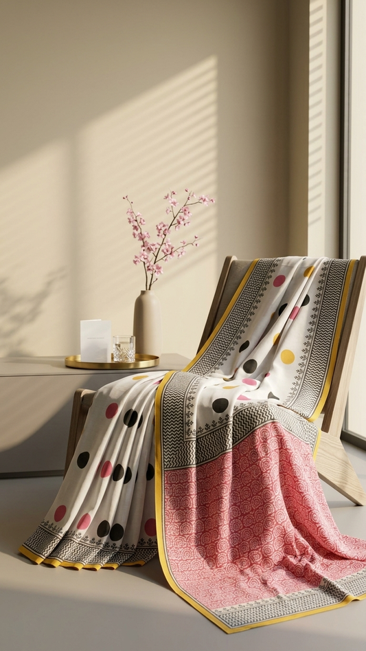 Elegant Printed Cotton Saree for Women with Polka Dot & Geometric Border Design