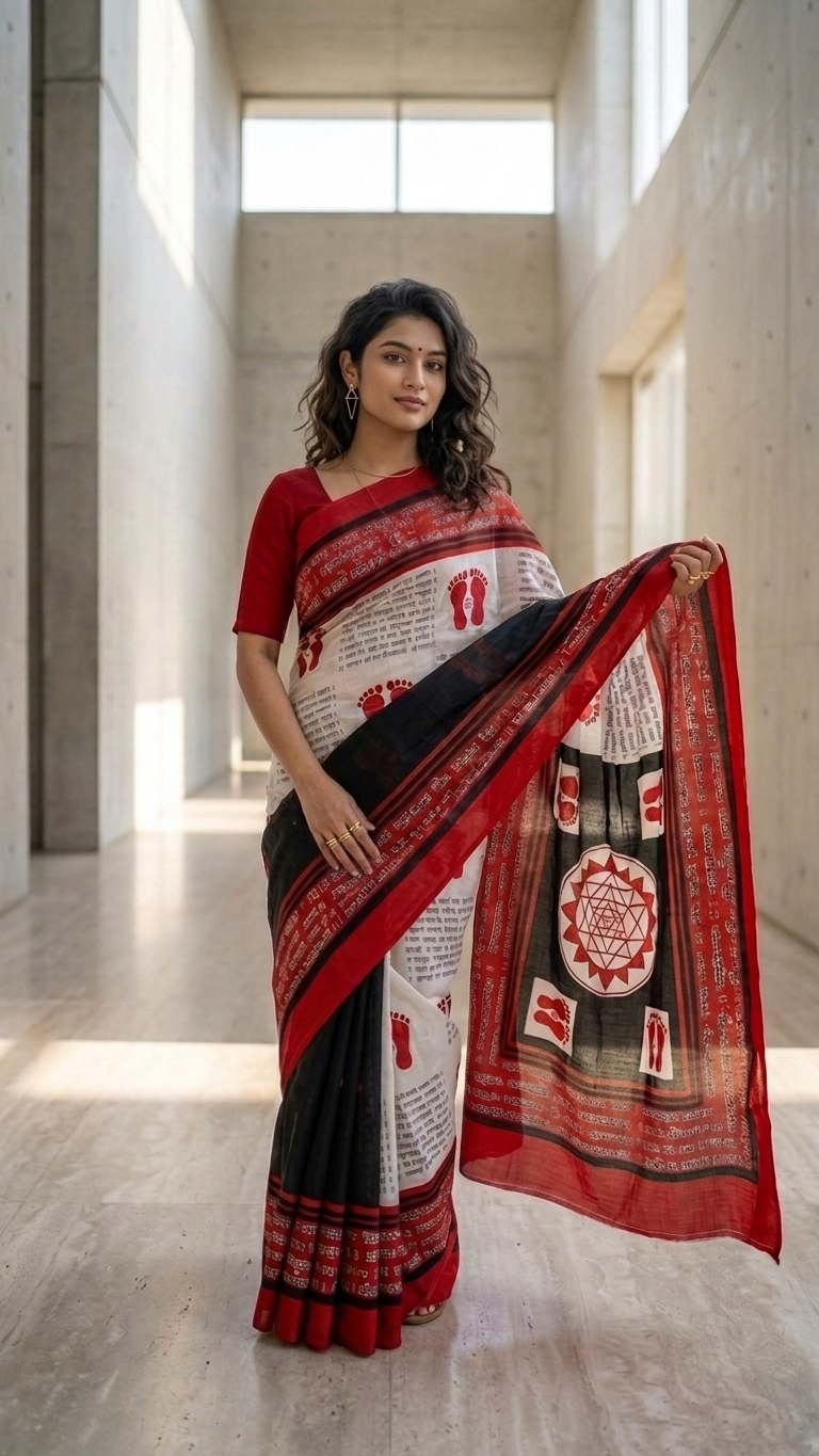 Red White Script Print Saree