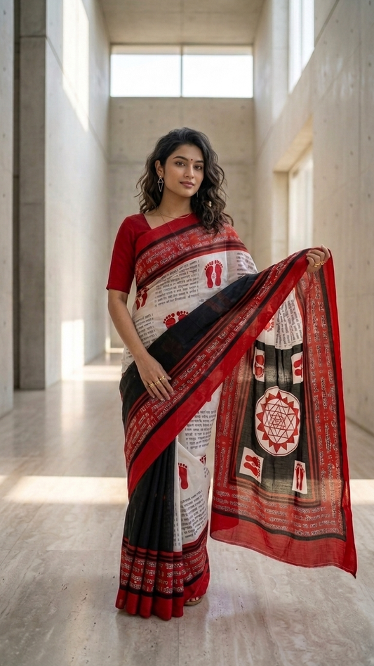 Red White Script Print Saree