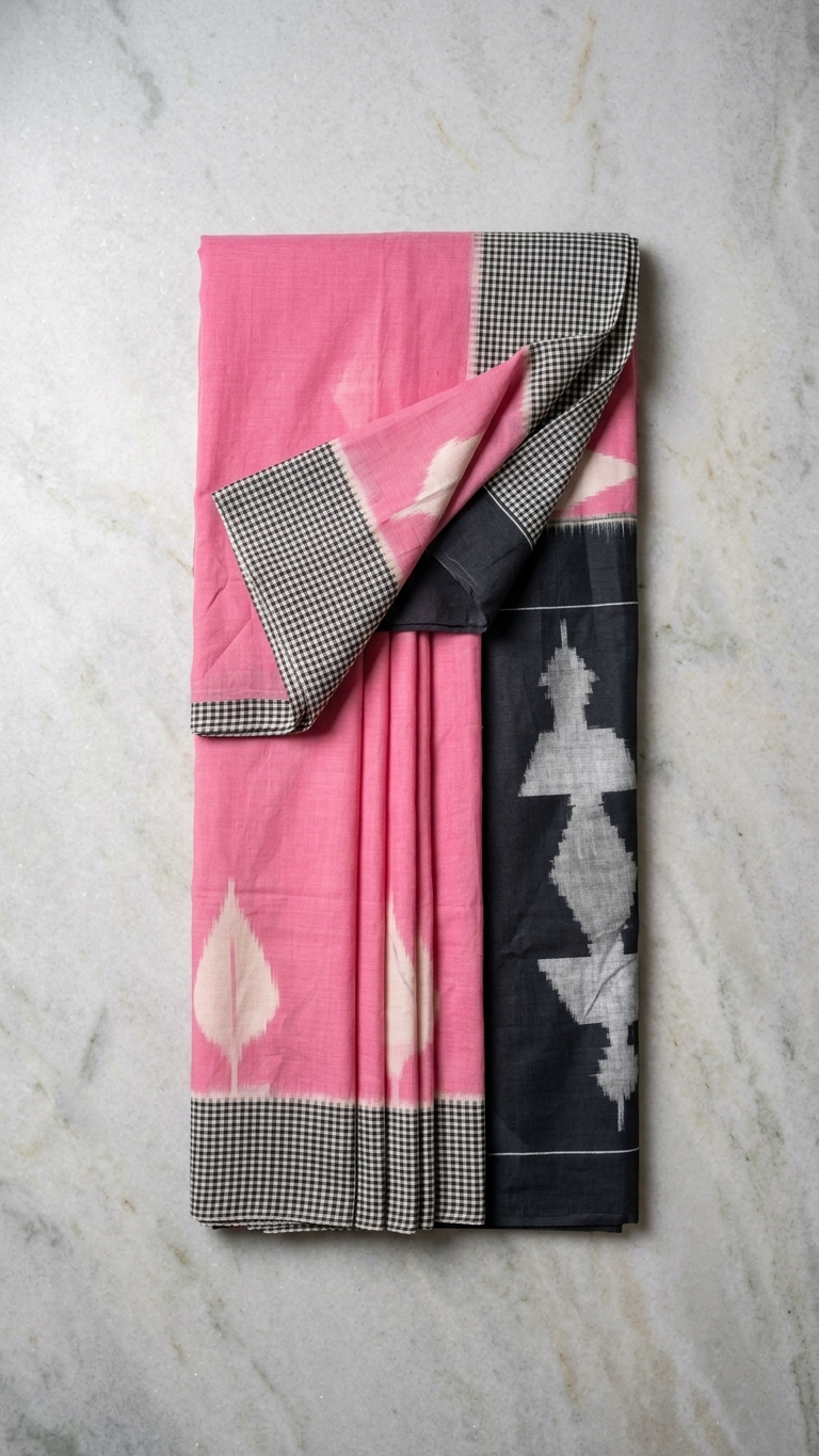 Pink Handloom Cotton Saree with Black Checked Border