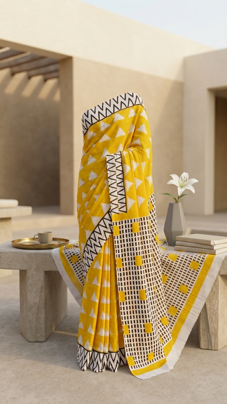 Yellow Geometric Print Saree