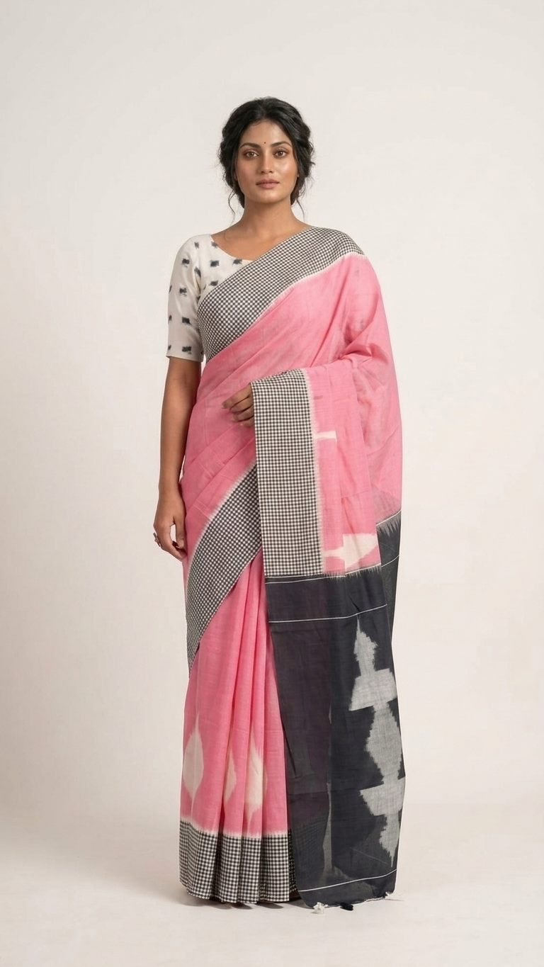 Pink Handloom Cotton Saree with Black Checked Border