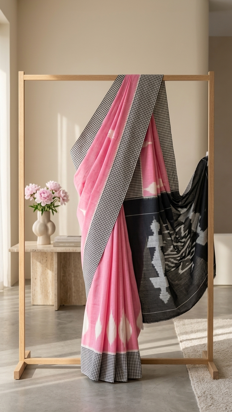 Pink Handloom Cotton Saree with Black Checked Border