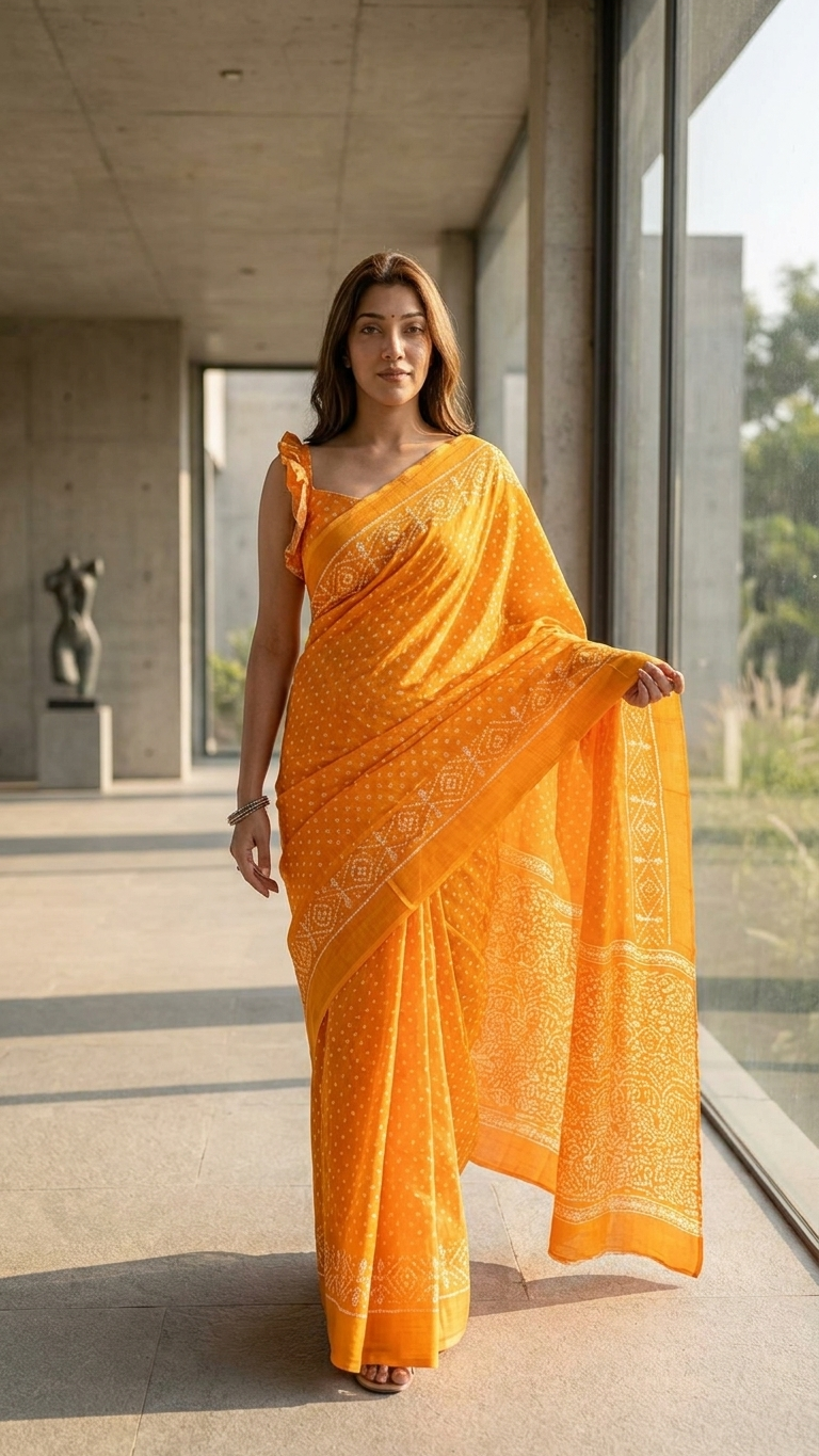 Pure Cotton Bandhani Saree in Marigold Orange – Traditional Rajasthani Tie-Dye with Geometric Border