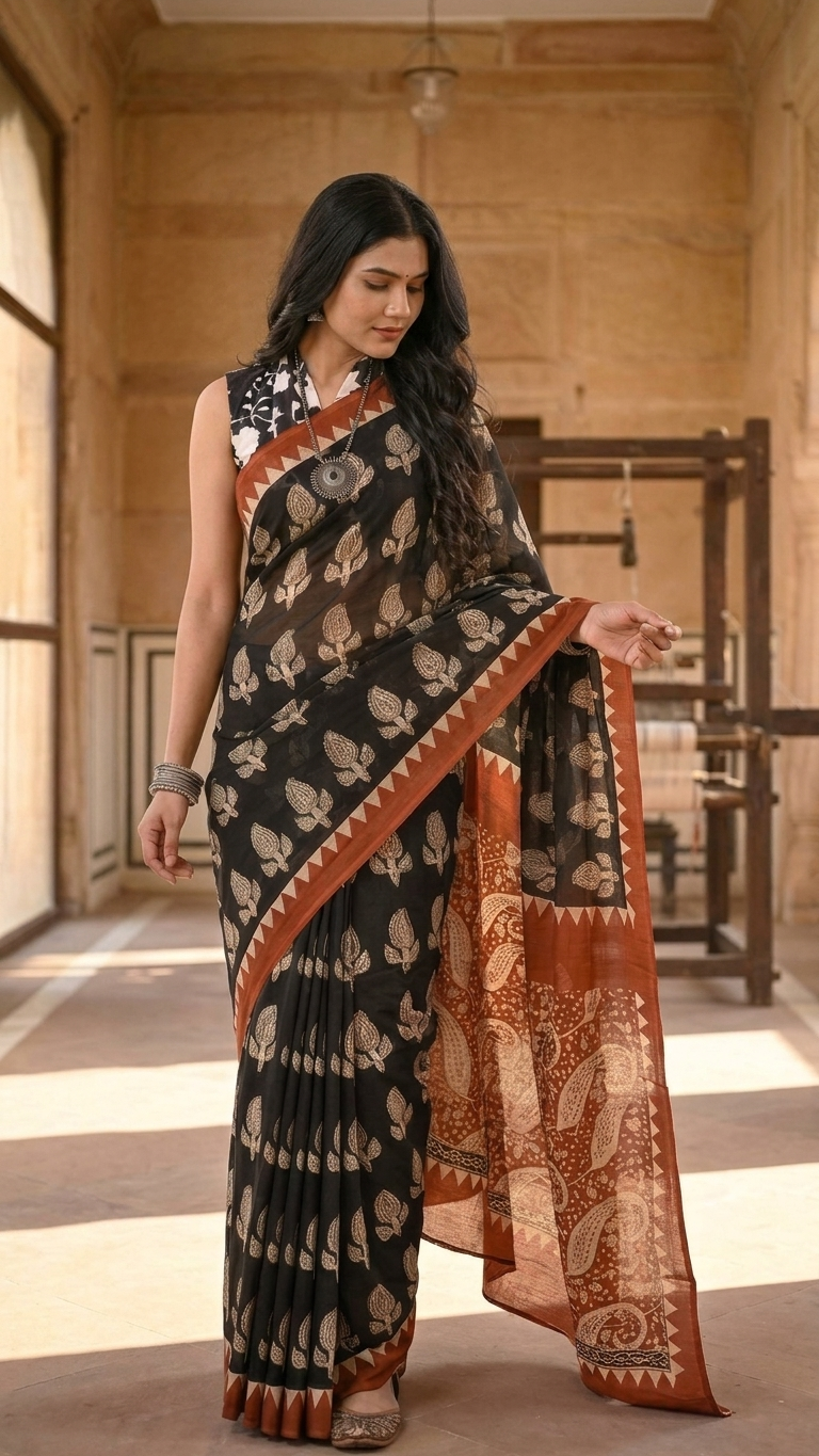 Black Hand Block Printed Cotton Saree with Rust Border