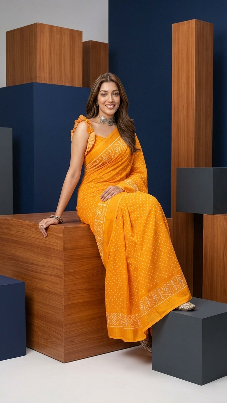 Pure Cotton Bandhani Saree in Marigold Orange – Traditional Rajasthani Tie-Dye with Geometric Border