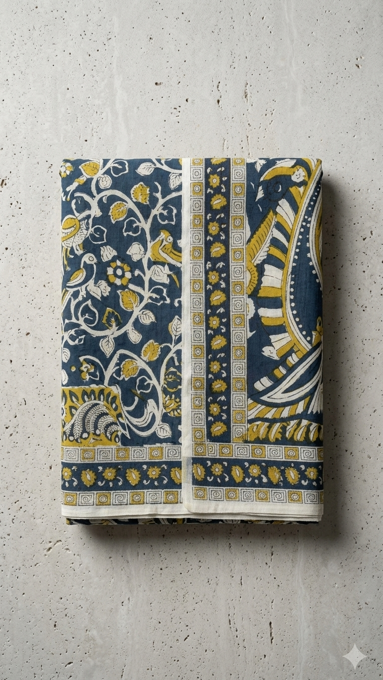 Deep Teal Kalamkari Hand Block Printed Cotton Saree