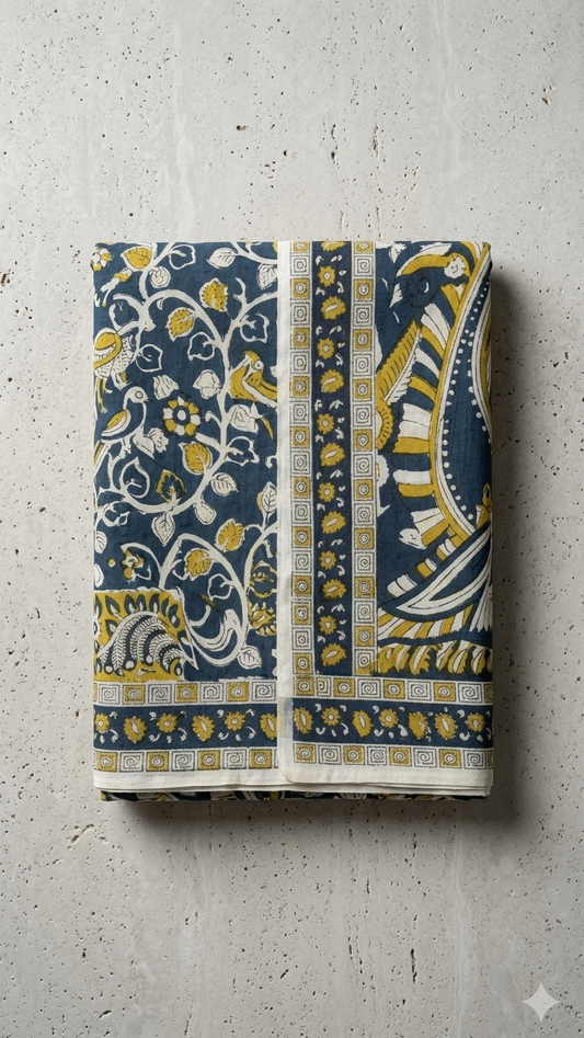 Deep Teal Kalamkari Hand Block Printed Cotton Saree