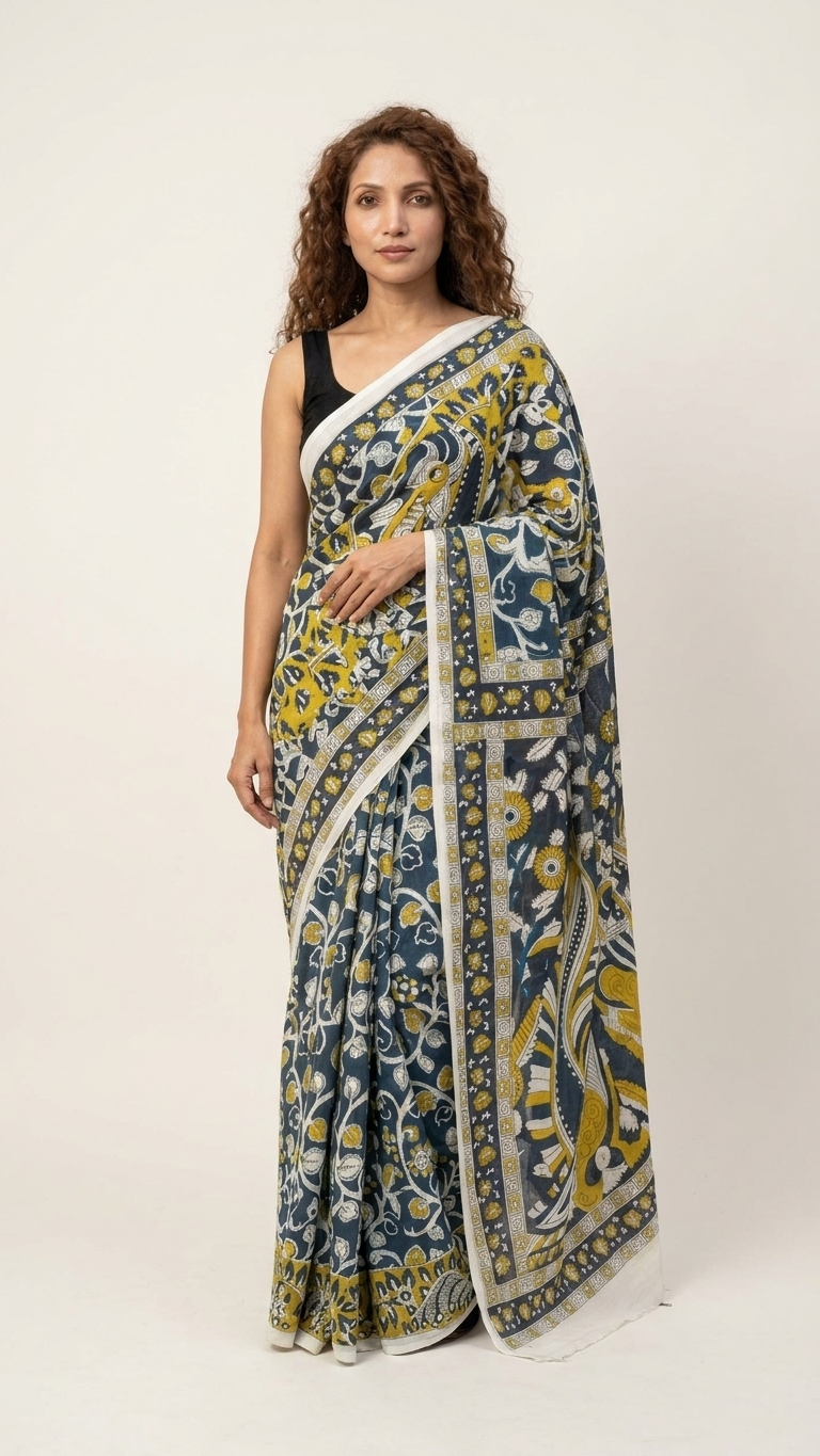 Deep Teal Kalamkari Hand Block Printed Cotton Saree