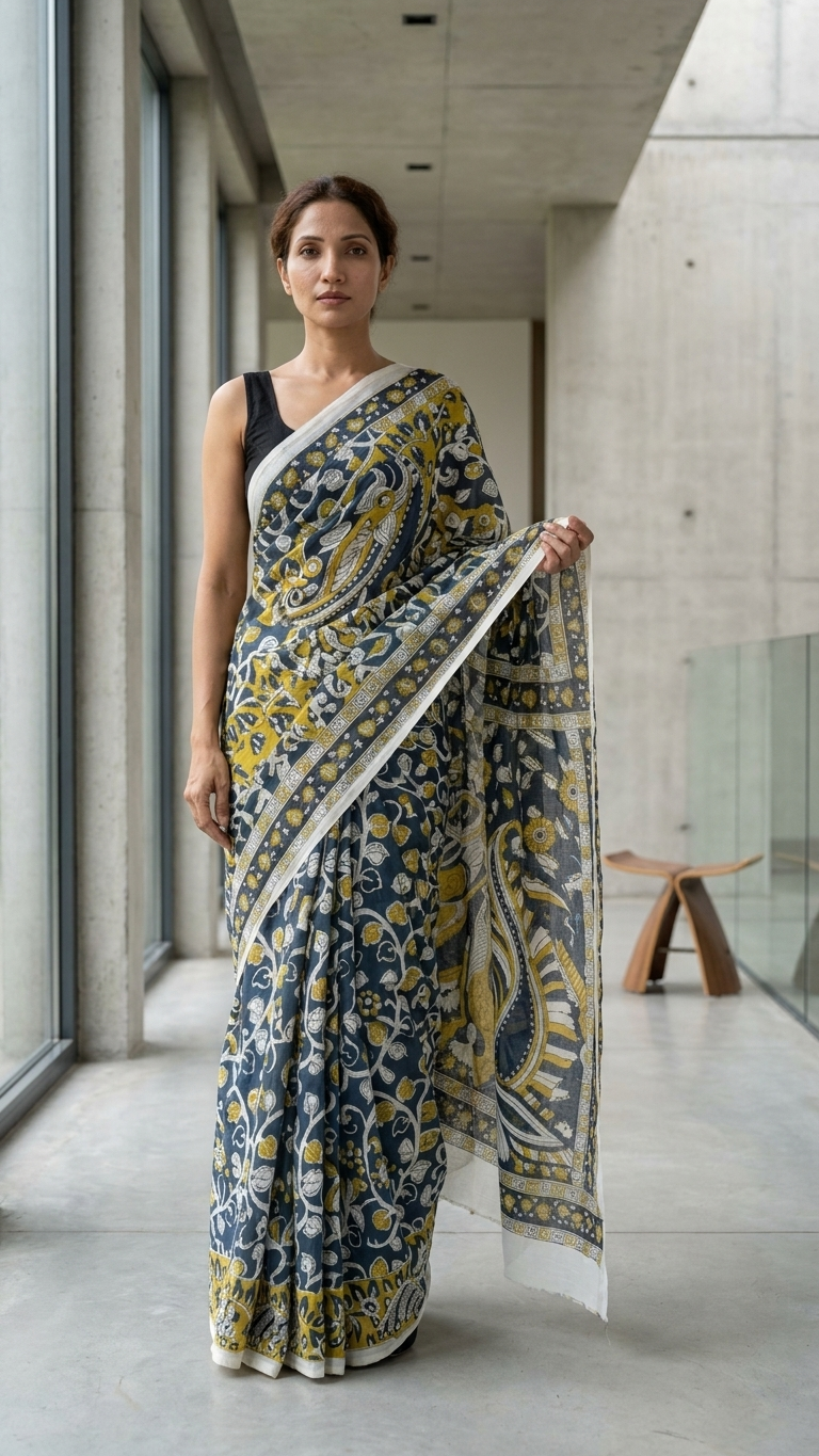 Deep Teal Kalamkari Hand Block Printed Cotton Saree